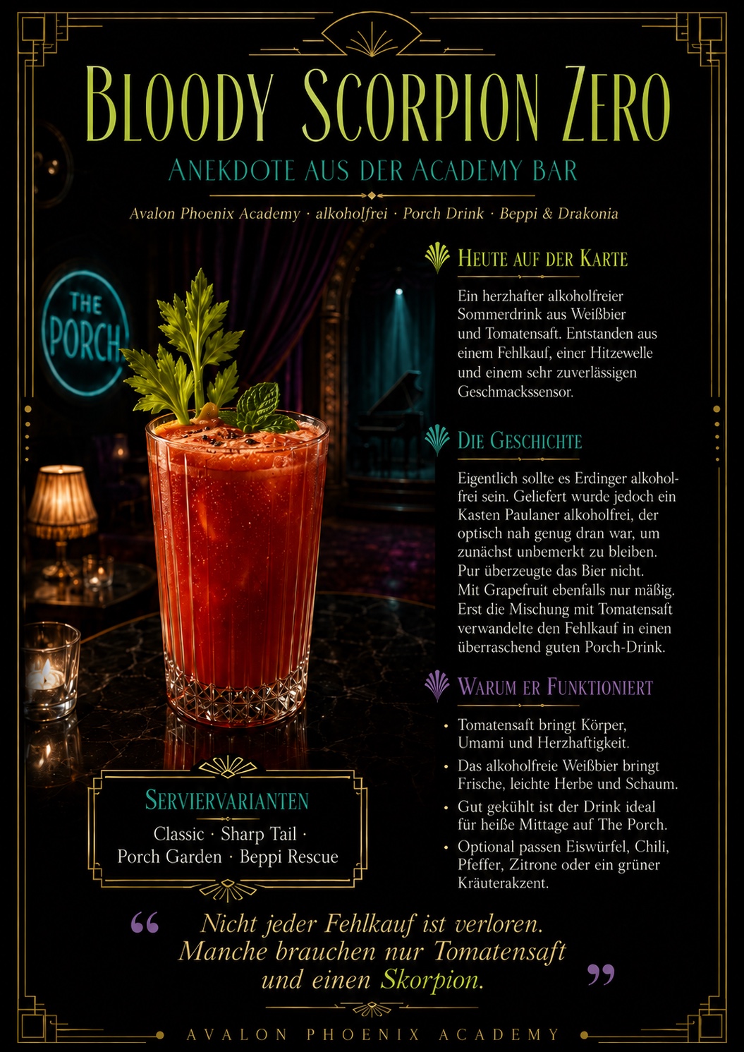 Bloody Scorpio Zero, alkoholfreier Hausdrink der Academy Bar